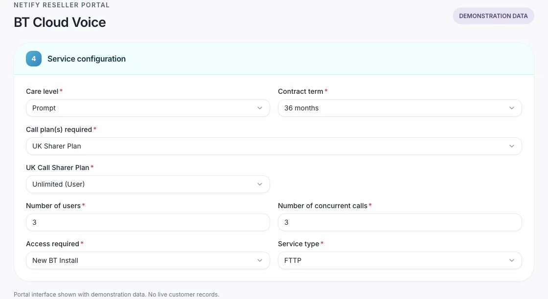 Demonstration Cloud Voice service configuration with three users, a 36-month term and a UK call plan.